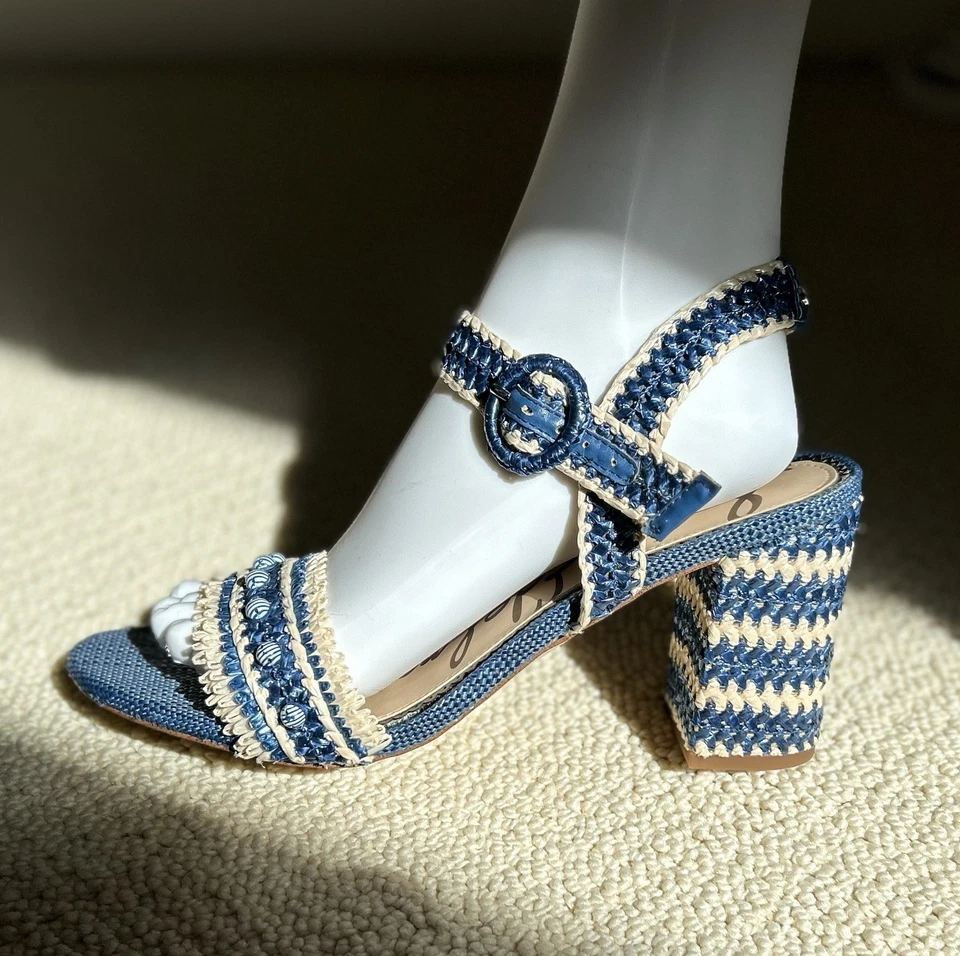 Correa de tobillo Sam Edelman Olisa Rafia tacón bloque para mujer talla 9,5 azul boho chic Foto 1 de 4