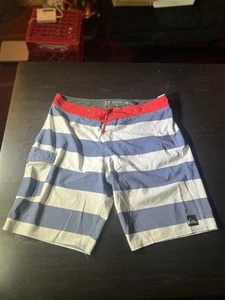 Quiksilver Boardshorts Mens 36 Blue White Red Striped Surfing Swimwear Skater - Picture 1 of 8