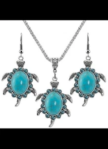 Sea Turtle Necklace & Earring Gift Set Turquoise Look W/ Rhinestones-New - Picture 1 of 5
