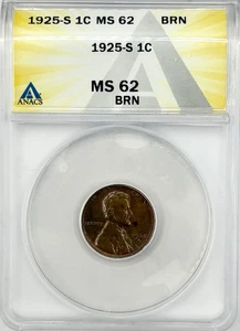 1925-S 1C Lincoln Wheat Cent ANACS MS62 BRN - Picture 1 of 4