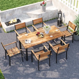 7 PCS Acacia Wood Patio Dining Set 6 Armchairs and 69” Table w/2” Umbrella Hole - Picture 1 of 9