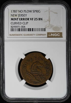 1787 NO PLOW SPRIG NEW JERSEY NGC VF25BN Curved Clip Mint Error - Image 1 of 4