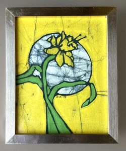 Vtg Framed Yellow & Green Batik Daffodil/Flower, Deborah Zuckerman 11+" x 9+" - Picture 1 of 7