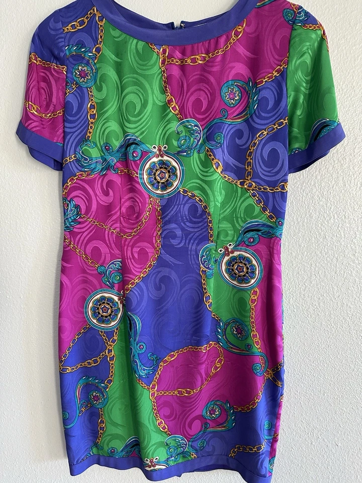 VTG Adrianna Papell Silk Dress 6 Baroque Chain Print 90s Glam Jewel Tone - Image 1 of 4