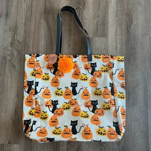 Halloween Canvas Tragetasche Ledergriffe Bommel schwarze Katze Kürbis Jack O Lanter - Bild 1 von 13