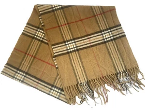 Plaid Fringed Scarf Unisex Brown 68” X 13” Vintage Light Weight Super Soft - Picture 1 of 3