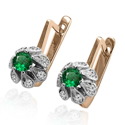EMERALD DIAMOND 14K ROSE GOLD EARRINGS EUROPEAN STYLE EARRINGS #E531 - Image 1 of 4