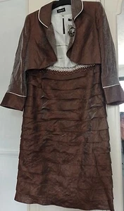 WOMENS GOLD MOTHER OF THE BRIDE BROWN TWO TONE DRESS SUIT UK 14 - Picture 1 of 12