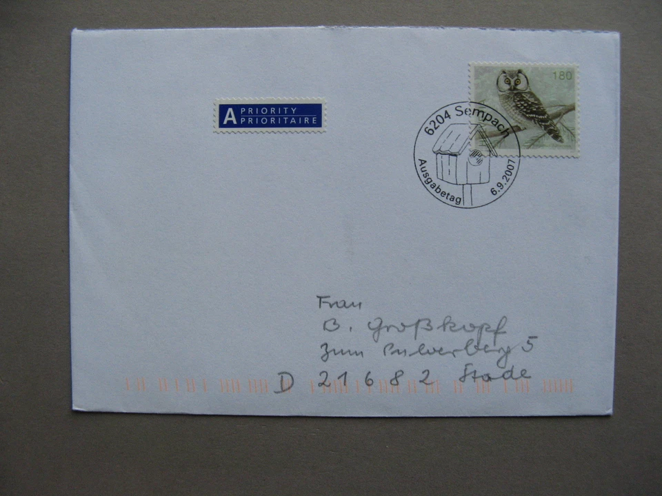 SWITZERLAND, cover FDC to Germany 2007, bird owl - Image 1 of 1