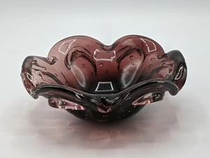 Vintage Ashtray Bowl Dish Art Glass Controlled Bubble Purple & Clear - Picture 1 of 6