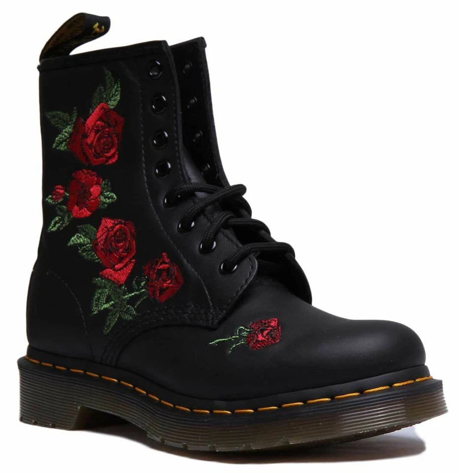 Dr Martens 1460 Vonda 8 Eyelet Boot Black Softy T Leather Roses Women's Size 6