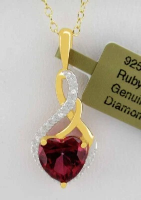 LAB CREATED 3.22 Cts RUBY & DIAMOND NECKLACE .925 Silver (Yellow tone) - NWT - Image 1 of 3