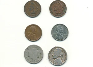 1905 & 1906 Indian 1c / 1920-S Lincoln-1c / 1943 Steel 1c / 1899 5c / 1942-P 5c - Picture 1 of 2
