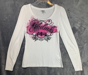 Akdmks Knit Top Long Sleeve White Shirt Pink Abstract Graphic Sparkle Size Large - Picture 1 of 11