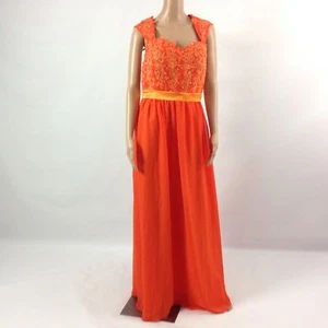 F16 Womens Long Dress Chiffon Applique Maxi Gathered Waist Crystal Orange Size L - Picture 1 of 3
