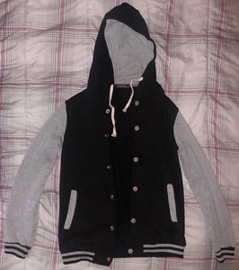 Zhélín Black/Gray Kids Pockets Drawstring Hoodie Sweatshirt Letterman Jacket - Picture 1 of 2