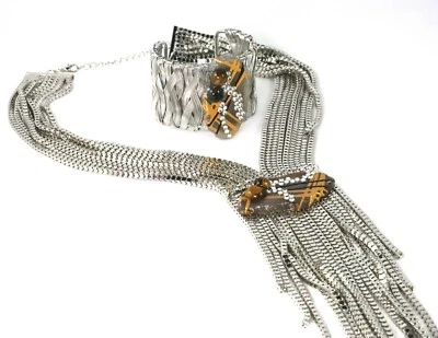 Silver Plated Long Necklace and Bracelet  Agate TIGER EYE by Patricia Adelson - Image 1 of 3