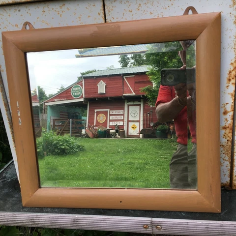 Wood Wall Mirror Beveled  Glass Mid Century .  Mirror in wood Frame 19.5 x 18in Cover