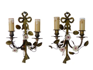 Antique Pair Wall Light Sconces Bronze Brass 1930 Porcelain Flowers Foliage - Picture 1 of 11
