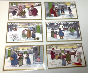 Stecher Litho Co. Cartoline Serie Natale 402 A-F (6)Vintage Babbo Natale non spedite - Foto 1 di 8