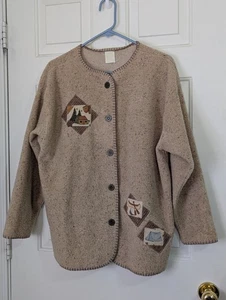 VTG 90s Cardigan Sweater Womens XL Brown Bear Cottage Cabin Canoe Camping Woodsy - Picture 1 of 11