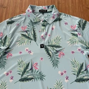 Bad Birdie Polo Mens Large Pink Bird Of Paradise Blue Floral Golf Shirt FLAW - Picture 1 of 15