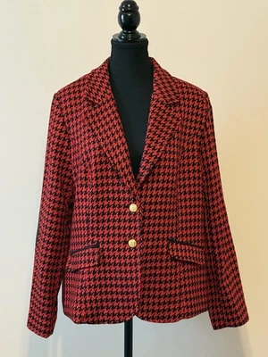 Blazer Joan Rivers Rojo Negro Pata de Gallo Parche en el Codo Top Botones Dorados Talla 14 Foto 1 de 4