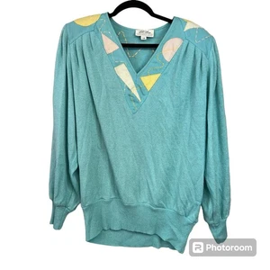 Lilli Ann Vintage Sweater Top Size 14 Blue 80s Geometric Shoulder Pads Blouse - Picture 1 of 11