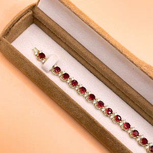 Yellow Gold Finish Red Ruby Twist Design tennis bracelet gift idea - Picture 1 of 7