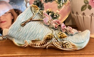 Antique French Majolica Barbotine Wall Pocket Flowers Vase Woven Cornucopia - Picture 1 of 8