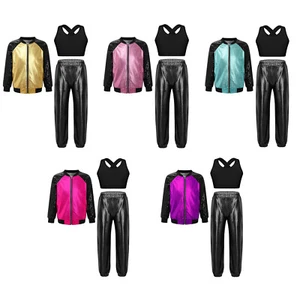 Kids Girls Dancewear Zipper Dance Outfits Crop Top 3Pcs Set Metallic Pants Vest - Picture 1 of 63