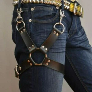 Men Jean Belt Pant PU Leather Body Harness Bondage Leg Garter Belt Trouser Strap - Picture 1 of 9