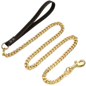Gold Dog Leash 316L Stainless Steel Cuban Curb Chain Leash with Leather Handle - Picture 1 of 5