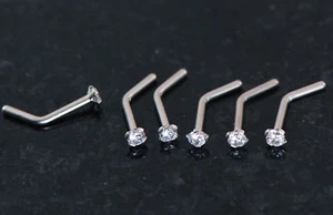 5 PCS LOT 18G 2MM CLEAR CZ PRONG SET L BEND STEEL NOSE RINGS BODY PIERCING STUDS - Picture 1 of 3