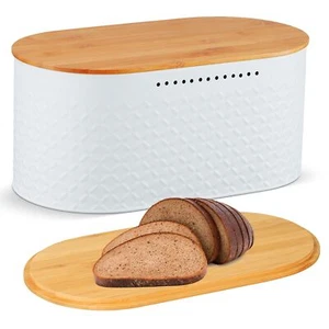 Bread Box Kitchen Countertop Storage Bin Metal With Reversible Bamboo Cutting - Picture 1 of 7