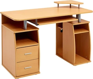 Computer Desk with Shelves, Cupboard and Drawers for Home Office in Beech Effect - Picture 1 of 5
