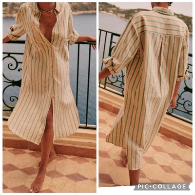 Vestido Sézane Muse de Lino Dos Tonos Aqua Rayas Botón Delantero UE 36 EE. UU. Pequeño Foto 1 de 4