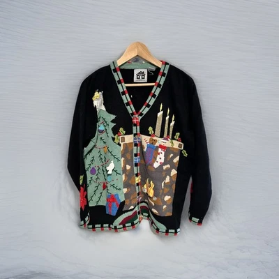 Cardigã feminino vintage livro de histórias malha suéter L árvore de Natal lareira anos 90 - Imagem 1 de 4