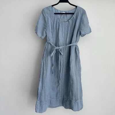 Brora Dress UK 12 US 8 Blue Organic Crinkle Linen Belted Cottage Coastal Prairie - Image 1 of 4