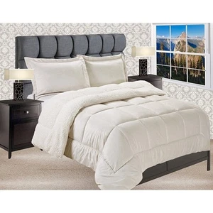 Elegant Comfort Reversible Sherpa Micro-Suede 3-Piece Beige Full - Picture 1 of 5