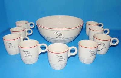 Vintage Universal Potteries Tom and Jerry Punch Bowl Set Red Trim c 1940s - Image 1 of 4