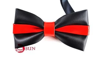 New Mens PVC Faux Leather Black Red Shining Bowtie Bow Tie Wedding Party Ball - Picture 1 of 2