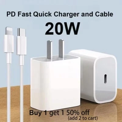 QC 20W PD Fast Quick Charger and Cable Adapter for iPhone 13 12 11 XS XR 8 iPad - Image 1 of 4