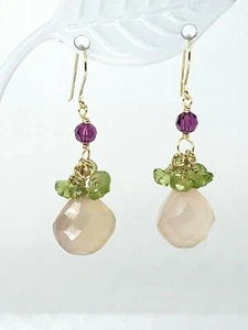 14k Yellow Gold Rose Quartz Briolette, Peridot, Pink Swarovski Dangle Earrings - Picture 1 of 3