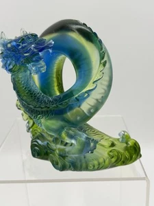 Liuli Crystal Glass Dragon Serpent Sea Smoke Feng Shui Blue Green Signed - Picture 1 of 15