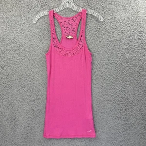 Y2K Hollister Tank Top Cami Crochet Lace Racerback Stretch Pink Women's Large - Picture 1 of 10