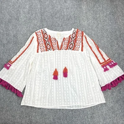 Chicos Top Sz 3P Womens XL Petite Embroidered Tasseled Flare Sleeve Cotton Boho - Image 1 of 4
