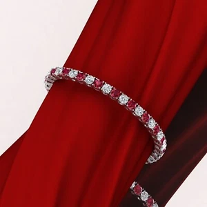 9Ct Lab Created Round 4 mm Ruby/Diamond Tennis Bracelet 14K White Gold Plated - Picture 1 of 5