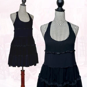 Vintage Y2K L.A.M.B Gwen Stefani Black Silk Tiered Flounce Mini Slip Dress Sz XS - Picture 1 of 14