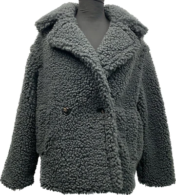 UGG GERTRUDE 短 TEDDY 外套绒面革女式小号 ~ 墨水黑色 — 第 1/4 张图片